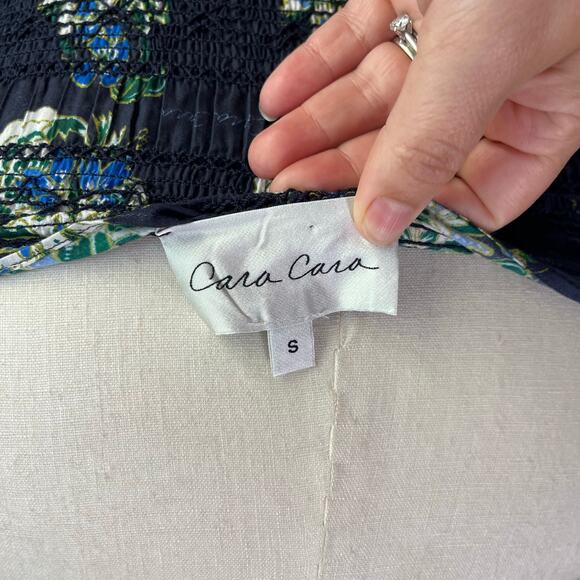 Cara Cara Jazzy Blue Green Print Puff Sleeve Smocked Cotton Midi Dress Sz S - Picture 9 of 13